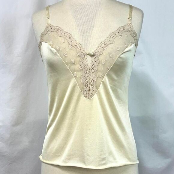 VANITY FAIR Vintage 70s Cream Floral Lace Trim Satin Camisole Slip Tank Sz 32/S - Picture 1 of 6